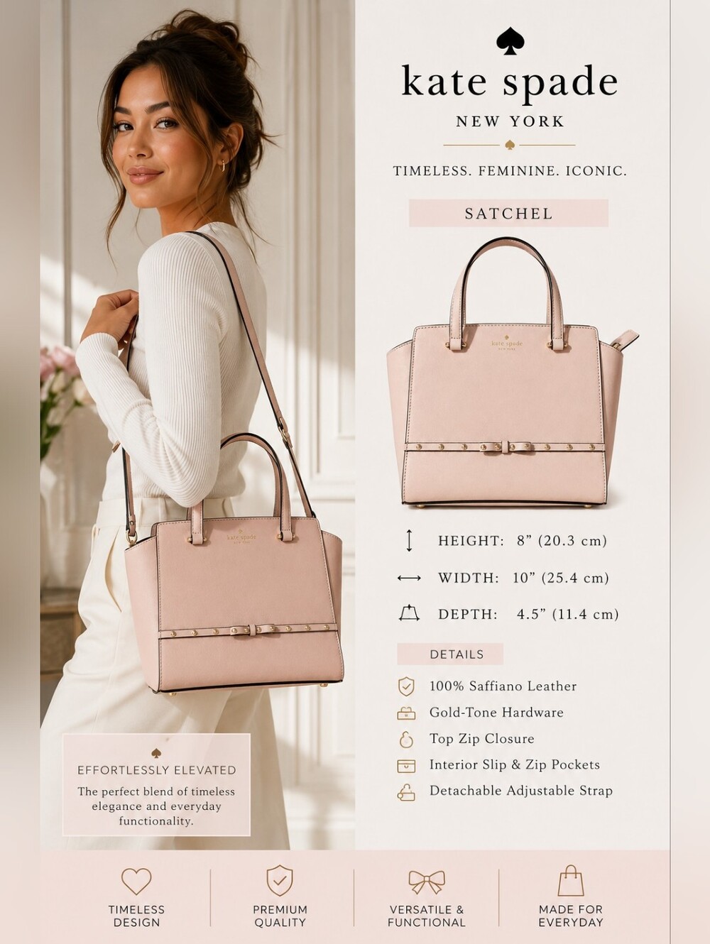 Kate Spade New York Saffiano Leather Satchel | Bow Detail | Blush